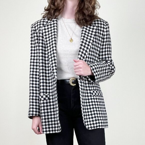 Vintage Wool Knit Blazer Check Plaid Oversized Relaxed Fit Preppy Jacket Coat - Picture 5 of 8
